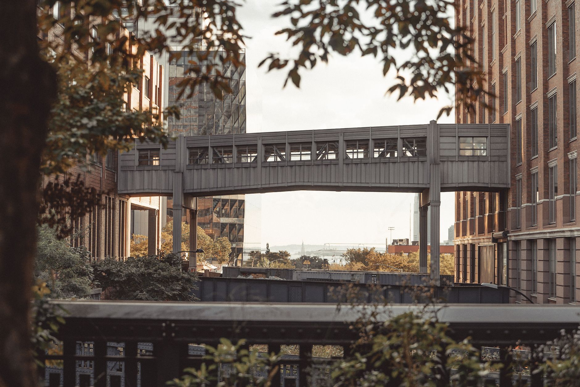 Modern architecture with a bridge over the High Line in New York City highlighting urban design.